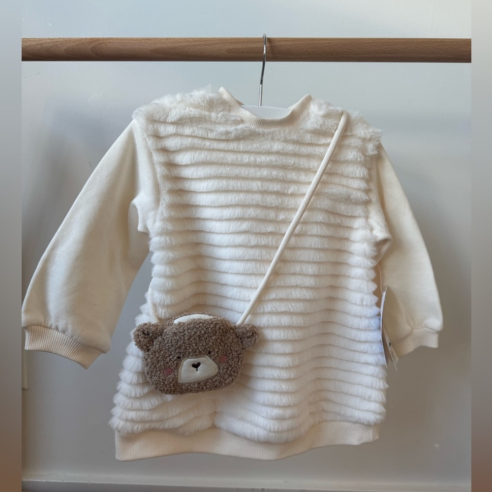 Mayoral Cream Sweater Dress with Teddy Bear Purse